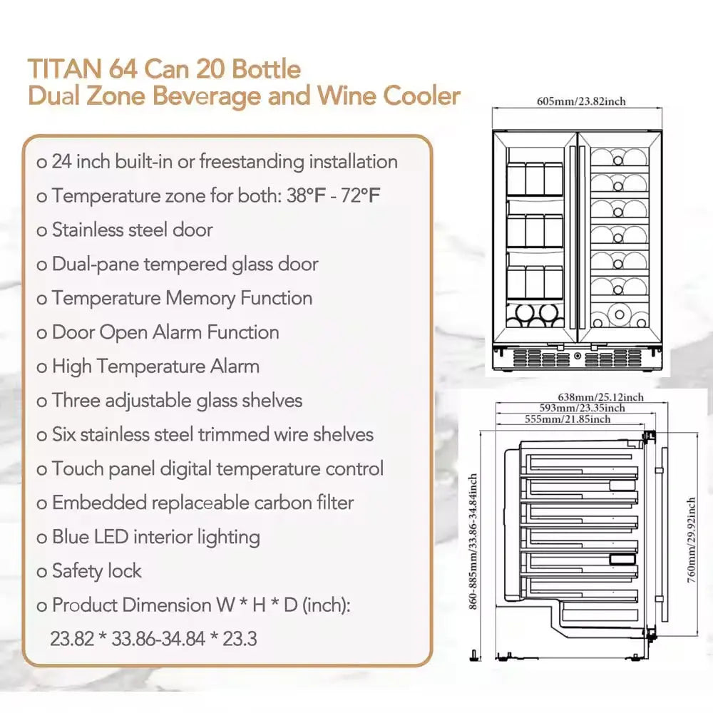 Signature 24 In. 64-Can and 20-Bottle French Door Stainless Steel Dual Zone Built-In Beverage and Wine Cooler | Fridge.com