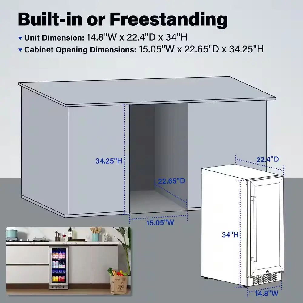 Single Zone 15 In. 80 (12 Oz.) Cans Beverage Cooler Soda Beer Drink Built-In Refrigerator 34-54°F with Safety Lock | Fridge.com