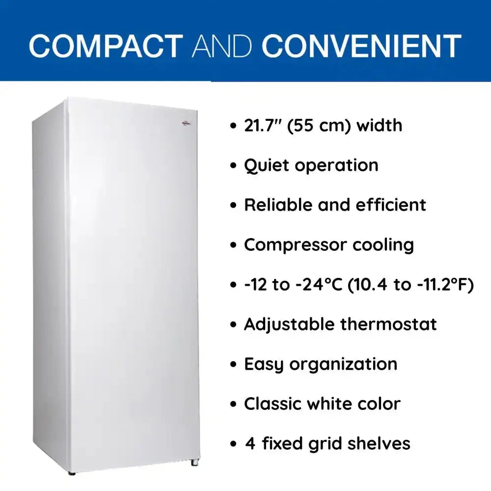 Slim Upright Freezer 5.3 Cu. Ft.. (150L), White, Energy-Efficient Manual Defrost, Flat Back | Fridge.com