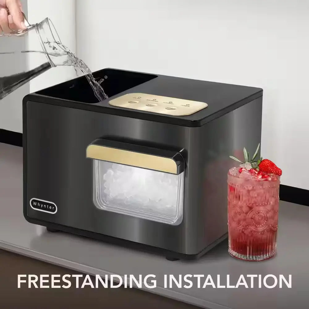 14.5 In. 40 Lb./24Hrs Portable Nugget Chewable Pebble/Sonic Type Ice Maker in Black and Gold Stainless Steel Finish | Fridge.com