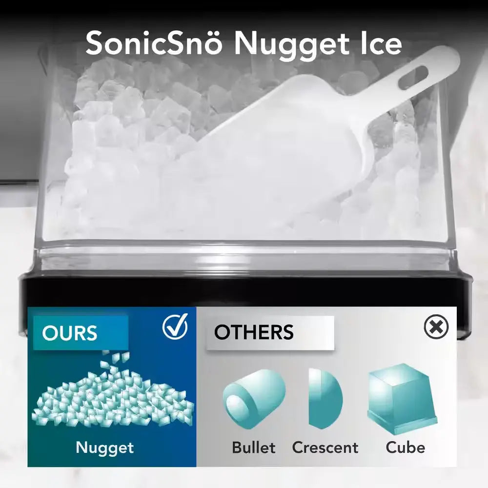 14.5 in 40 Lbs./24Hrs Portable Nugget Chewable Pebble/Sonic Type Ice Maker in Silver and White Stainless Steel Finish | Fridge.com