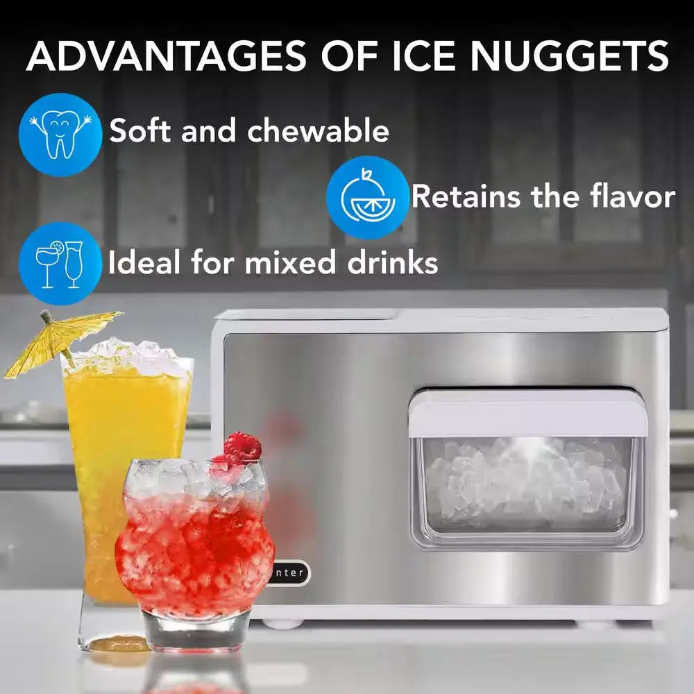 14.5 in 40 Lbs./24Hrs Portable Nugget Chewable Pebble/Sonic Type Ice Maker in Silver and White Stainless Steel Finish | Fridge.com