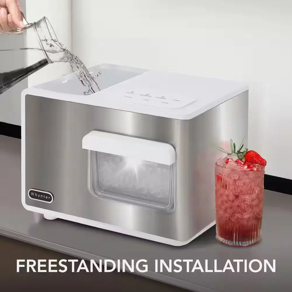 14.5 in 40 Lbs./24Hrs Portable Nugget Chewable Pebble/Sonic Type Ice Maker in Silver and White Stainless Steel Finish | Fridge.com