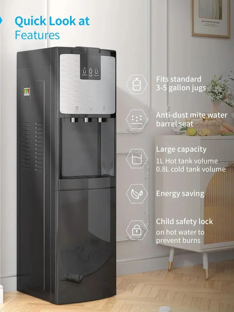 TABU Bottom Loading & Stainless Steel Electric Water Cooler Dispenser with Hot, Cold, and Room Temperature Options in Black，Self-Cleaning，Child Safety Lock&Anti-Scalding | Fridge.com