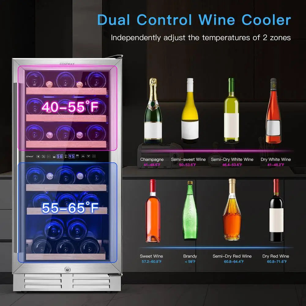 Dual Zones 30-Bottle Free Standing Wine Cooler 15'' Wine Cellar W/Temp Memory | Fridge.com