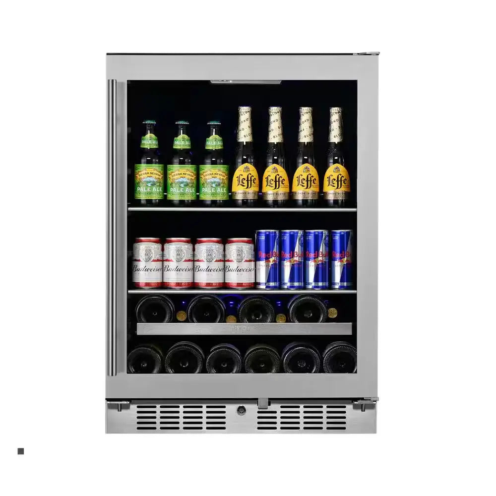 Transcend 24 In. 84-Can and 13-Bottle Seamless Stainless Steel Single Door Single Zone Built-In Beverage and Wine Cooler | Fridge.com