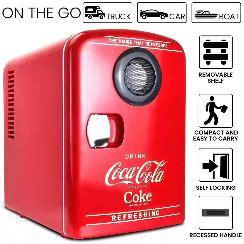 4L Cooler/Warmer with Bluetooth Speaker,12V DC and 110V AC Cords, 6 Can Mini Fridge, Red | Fridge.com