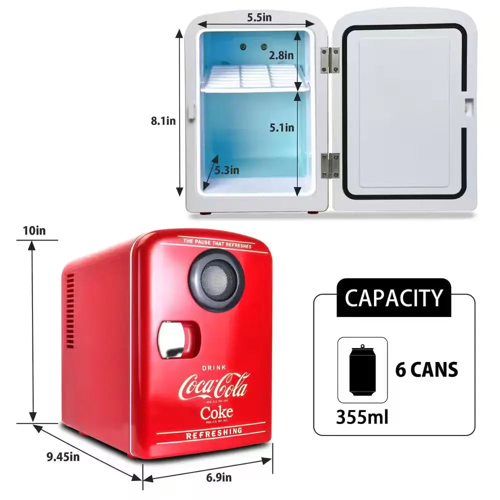 4L Cooler/Warmer with Bluetooth Speaker,12V DC and 110V AC Cords, 6 Can Mini Fridge, Red | Fridge.com