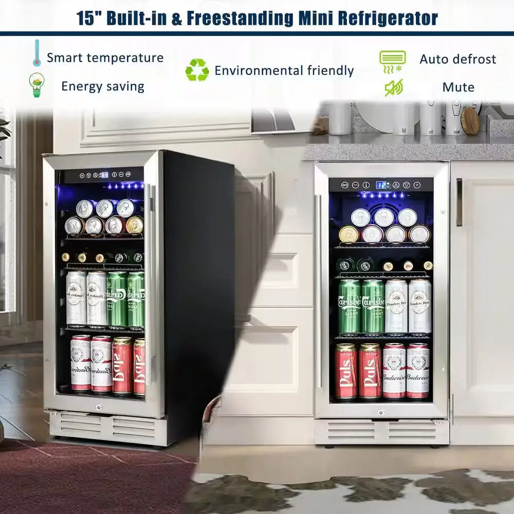 Built-In and Freestanding 15 In. Mini Beverage Refrigerator/Wine Cabinet Cellar Cooling Unit in Black and Silver | Fridge.com