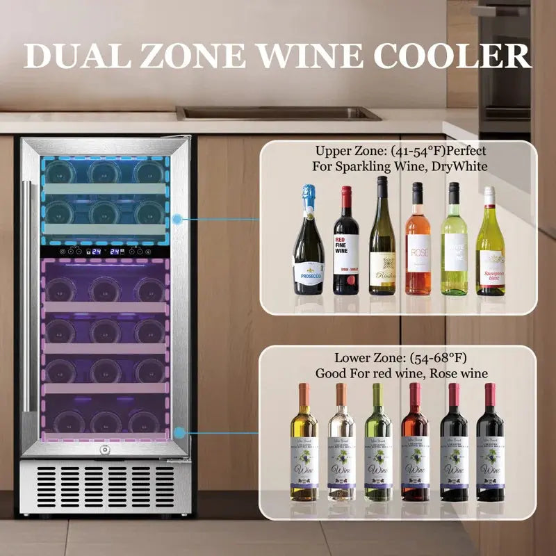 YUKOOL 15'' 28 Bottle Dual Zone Built-In Wine & Beverage Refrigerator | Fridge.com