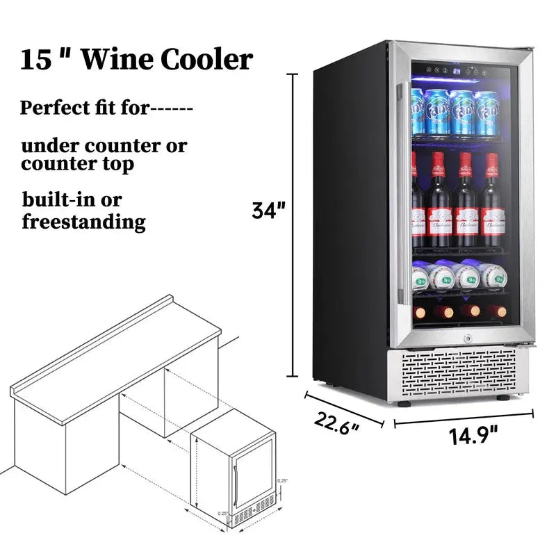 YUKOOL 22.9'' 28 Bottle and 88 Can Single Zone Freestanding Wine & Beverage Refrigerator | Fridge.com