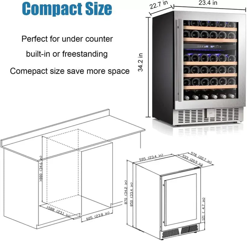 YUKOOL 23.43'' 46 Bottle Dual Zone Freestanding Wine Refrigerator | Fridge.com