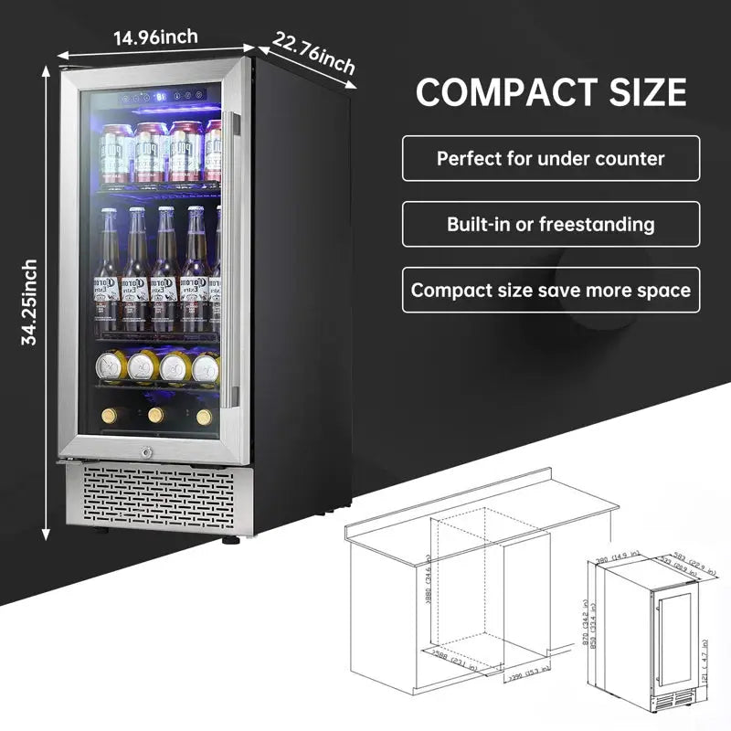 YUKOOL 28 Bottle Beverage Undercounter Refrigerator, Built-In Wine Cooler, Transparent Glass Door Digital Memory Temperature Control Mini Refrigerator, LED Light (15”) | Fridge.com