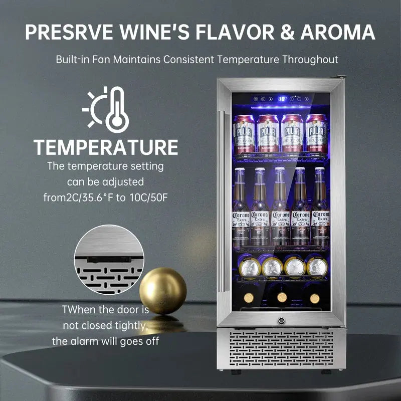 YUKOOL 28 Bottle Beverage Undercounter Refrigerator, Built-In Wine Cooler, Transparent Glass Door Digital Memory Temperature Control Mini Refrigerator, LED Light (15”) | Fridge.com