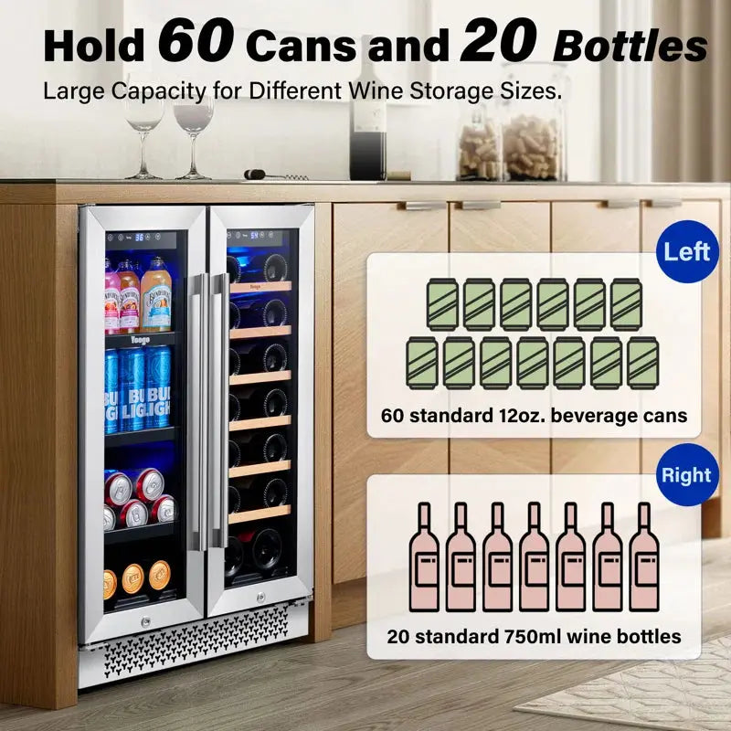 Yeego 23.4'' 20 Bottle and 60 Can Dual Zone Wine & Beverage Refrigerator | Fridge.com