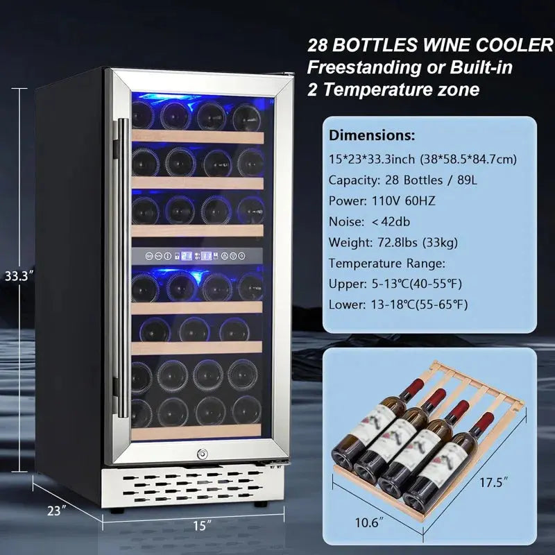 Yesurprise 14.96'' 28 Bottle Dual Zone Wine Refrigerator | Fridge.com