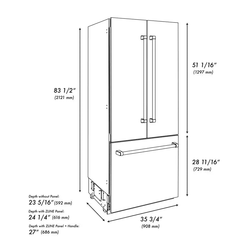 ZLINE 36" 19.6 Cu. Ft. Built-In 3-Door French Door Refrigerator with Internal Water and Ice Dispenser | Fridge.com