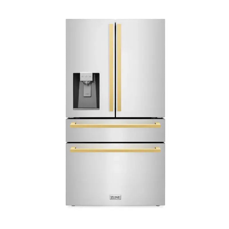 Zline 36 In. Autograph Edition 21.6 Cu. Ft 4-Door French Door Refrigerator with Water and Ice Dispenser in Stainless Steel with Polished Gold Square Handles | Fridge.com