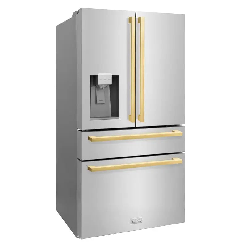 Zline 36 In. Autograph Edition 21.6 Cu. Ft 4-Door French Door Refrigerator with Water and Ice Dispenser in Stainless Steel with Polished Gold Square Handles | Fridge.com