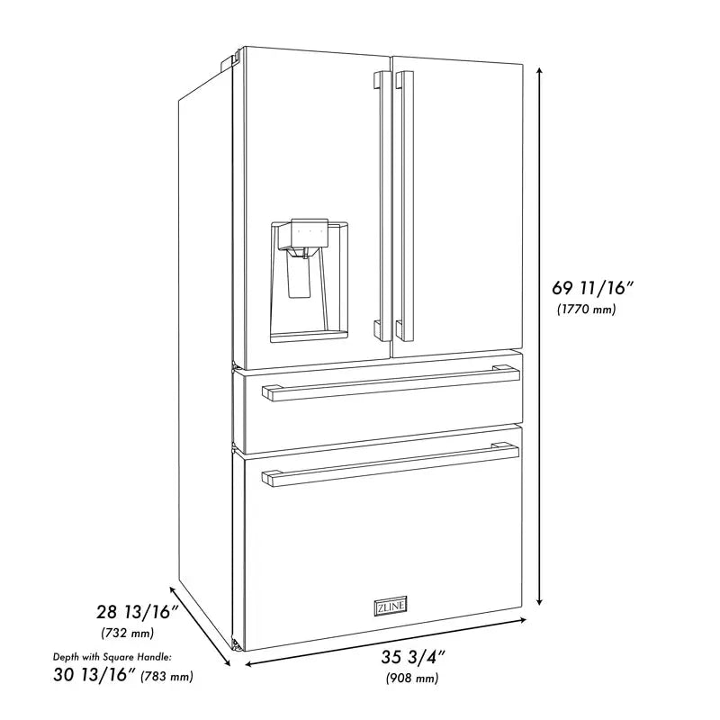 Zline 36 In. Autograph Edition 21.6 Cu. Ft 4-Door French Door Refrigerator with Water and Ice Dispenser in Stainless Steel with Polished Gold Square Handles | Fridge.com