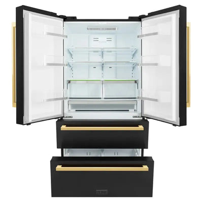 Zline 36 In. Autograph Edition 22.5 Cu. Ft 4-Door French Door Refrigerator with Ice Maker with Polished Gold Square Handles | Fridge.com