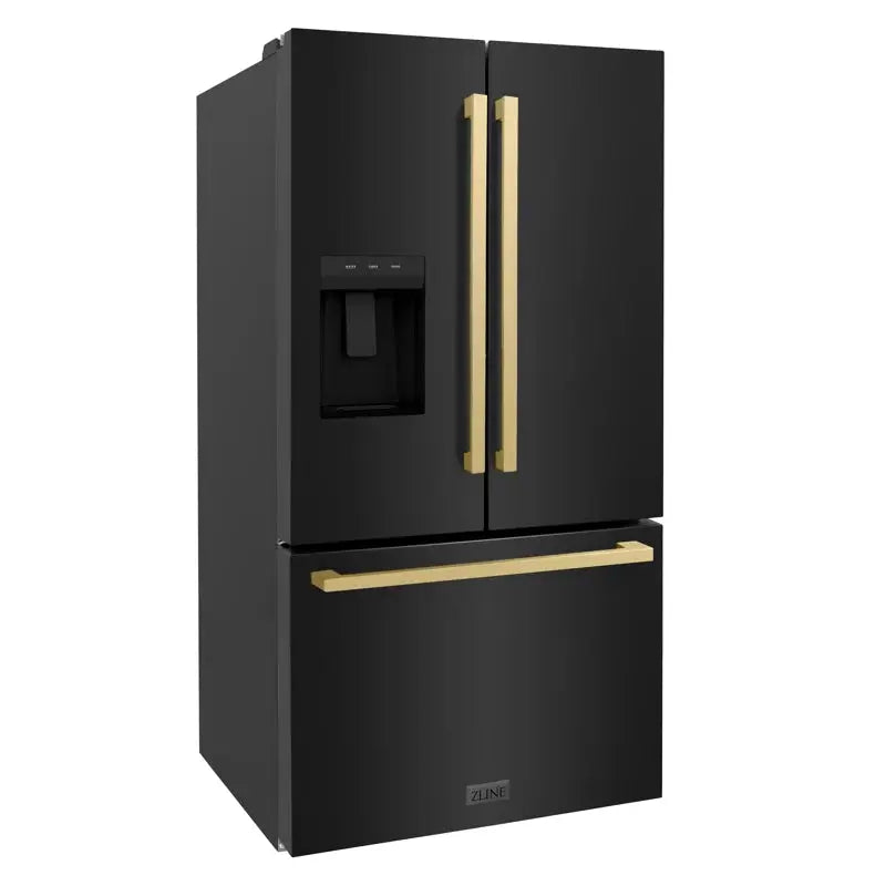 Zline Autograph Edition 36 In. 28.9 Cu. Ft. Standard-Depth French Door External Water Dispenser Refrigerator with Dual Ice Maker in Fingerprint Resistant Stainless Steel and Champagne Bronze Square Handles | Fridge.com