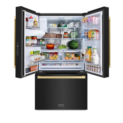 Zline Autograph Edition 36 In. 28.9 Cu. Ft. Standard-Depth French Door External Water Dispenser Refrigerator with Dual Ice Maker in Fingerprint Resistant Stainless Steel and Champagne Bronze Square Handles | Fridge.com