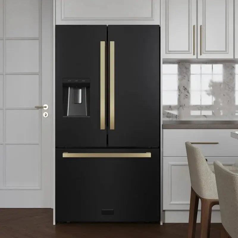 Zline Autograph Edition 36 In. 28.9 Cu. Ft. Standard-Depth French Door External Water Dispenser Refrigerator with Dual Ice Maker in Fingerprint Resistant Stainless Steel and Champagne Bronze Square Handles | Fridge.com