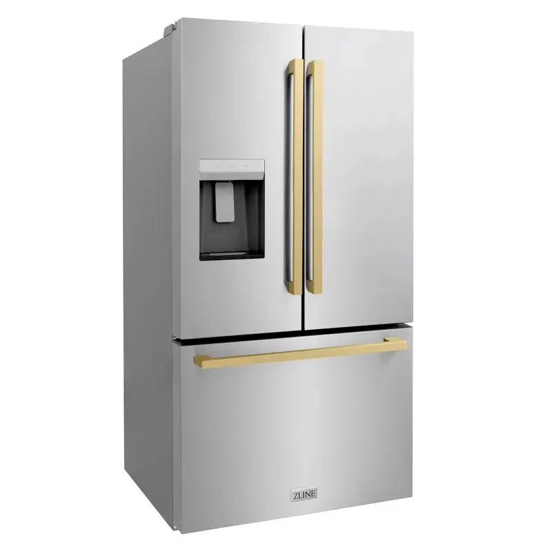 Zline Autograph Edition 36 In. 28.9 Cu. Ft. Standard-Depth French Door External Water Dispenser Refrigerator with Dual Ice Maker in Fingerprint Resistant Stainless Steel and Champagne Bronze Square Handles | Fridge.com