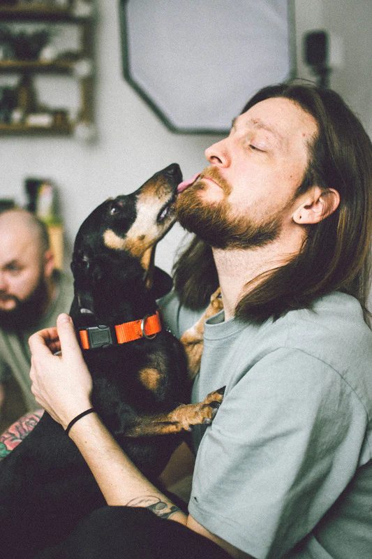 A very good dog greeting his favorite person