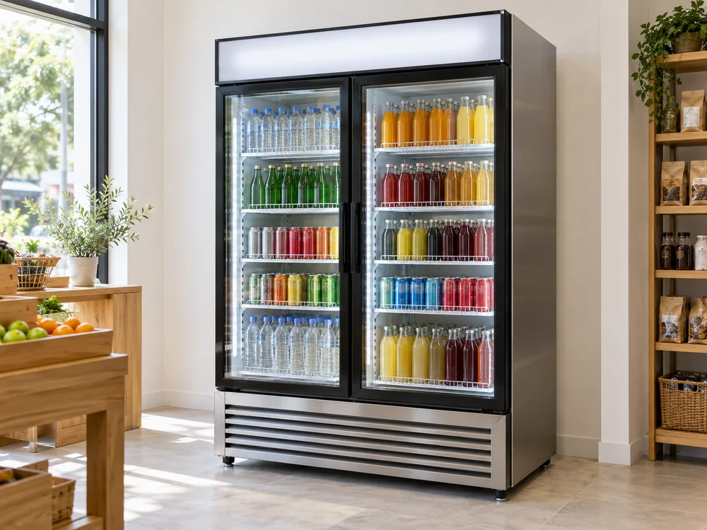 Illustration of a glass-door display cooler stocked with drinks in a bright grocery shop