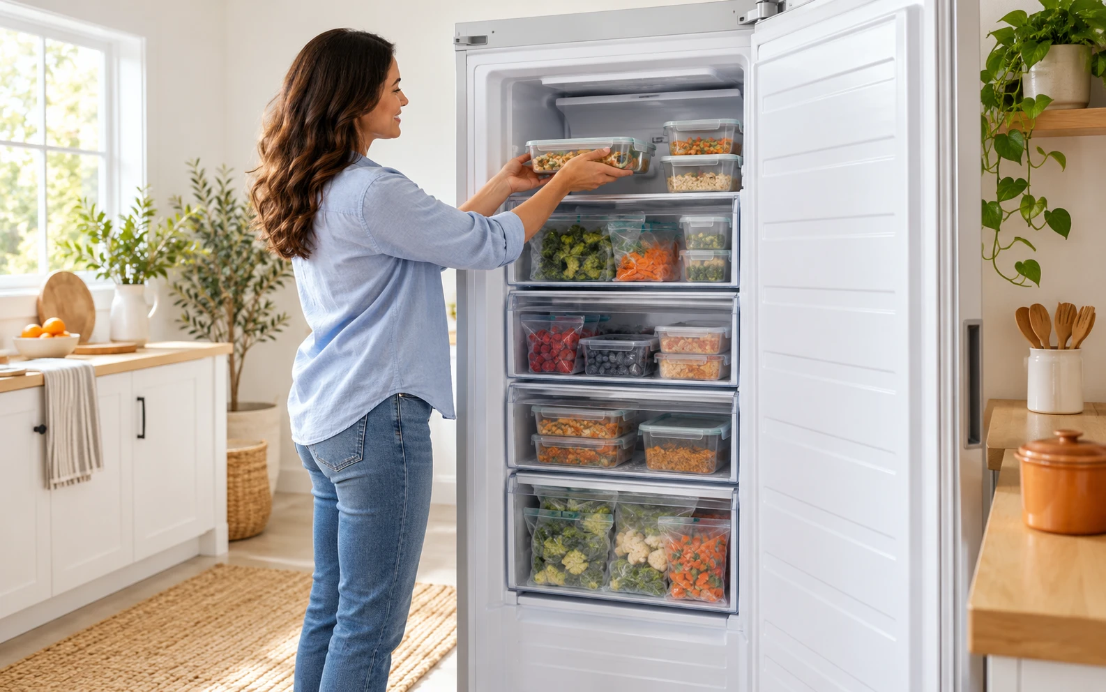 An upright freezer with organized drawers and meal-prep containers