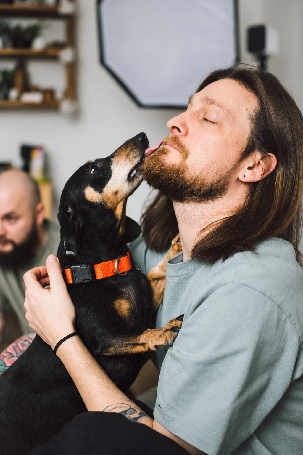A very good dog greeting his favorite person