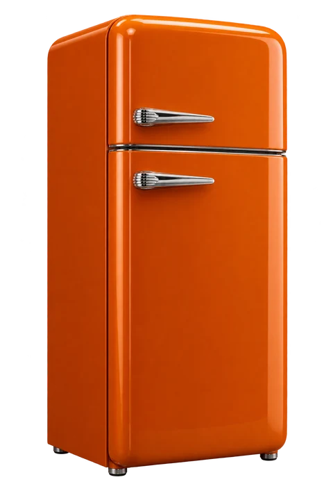 Orange retro refrigerator with chrome handles