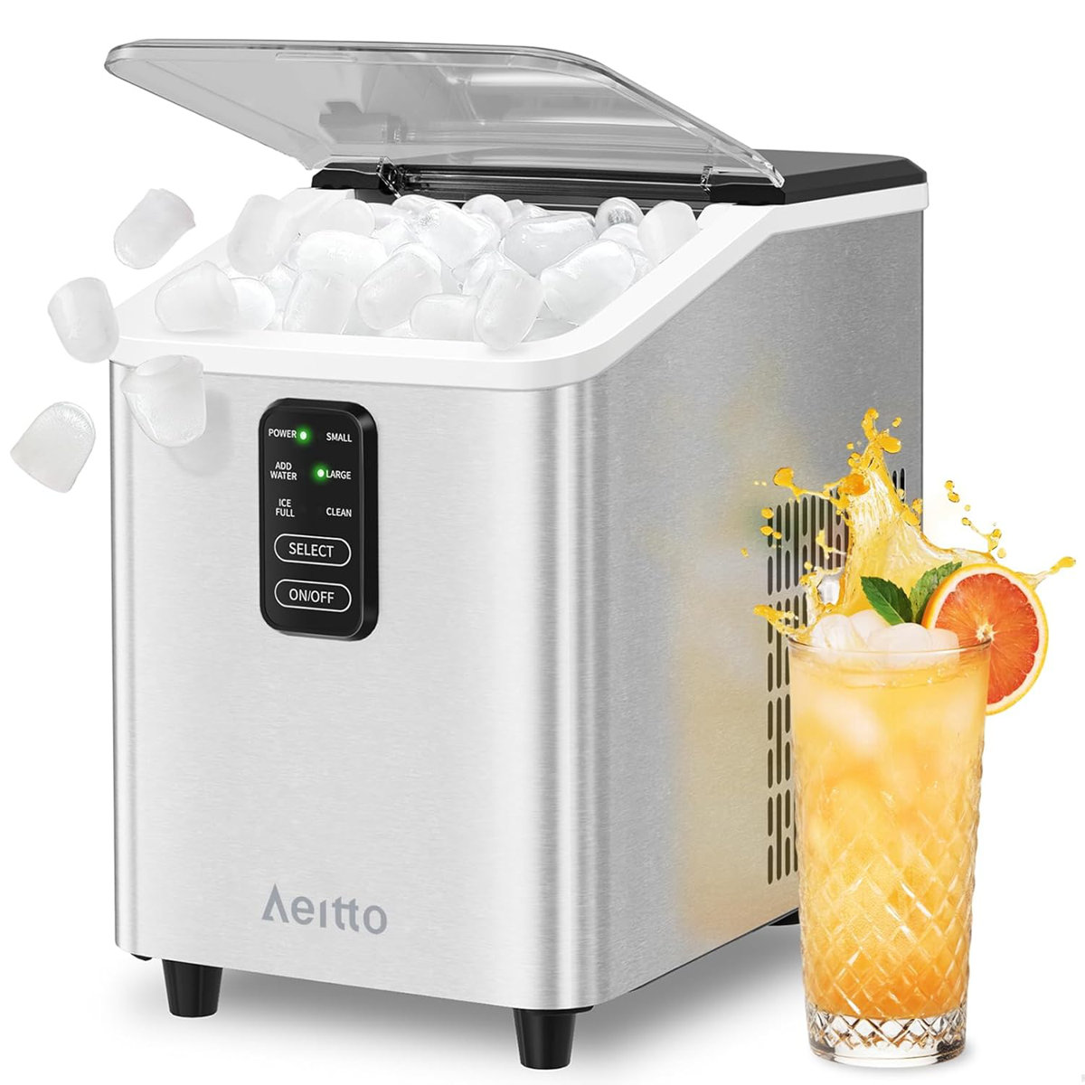 Aeitto Countertop Ice Maker, 26 lbs per Day, 8 Bullet Ice Cubes in 6 Minutes, Self-Cleaning Portable Ice Machine with 2 Sizes, Scoop and Basket — FIN-0017057 | Fridge.com