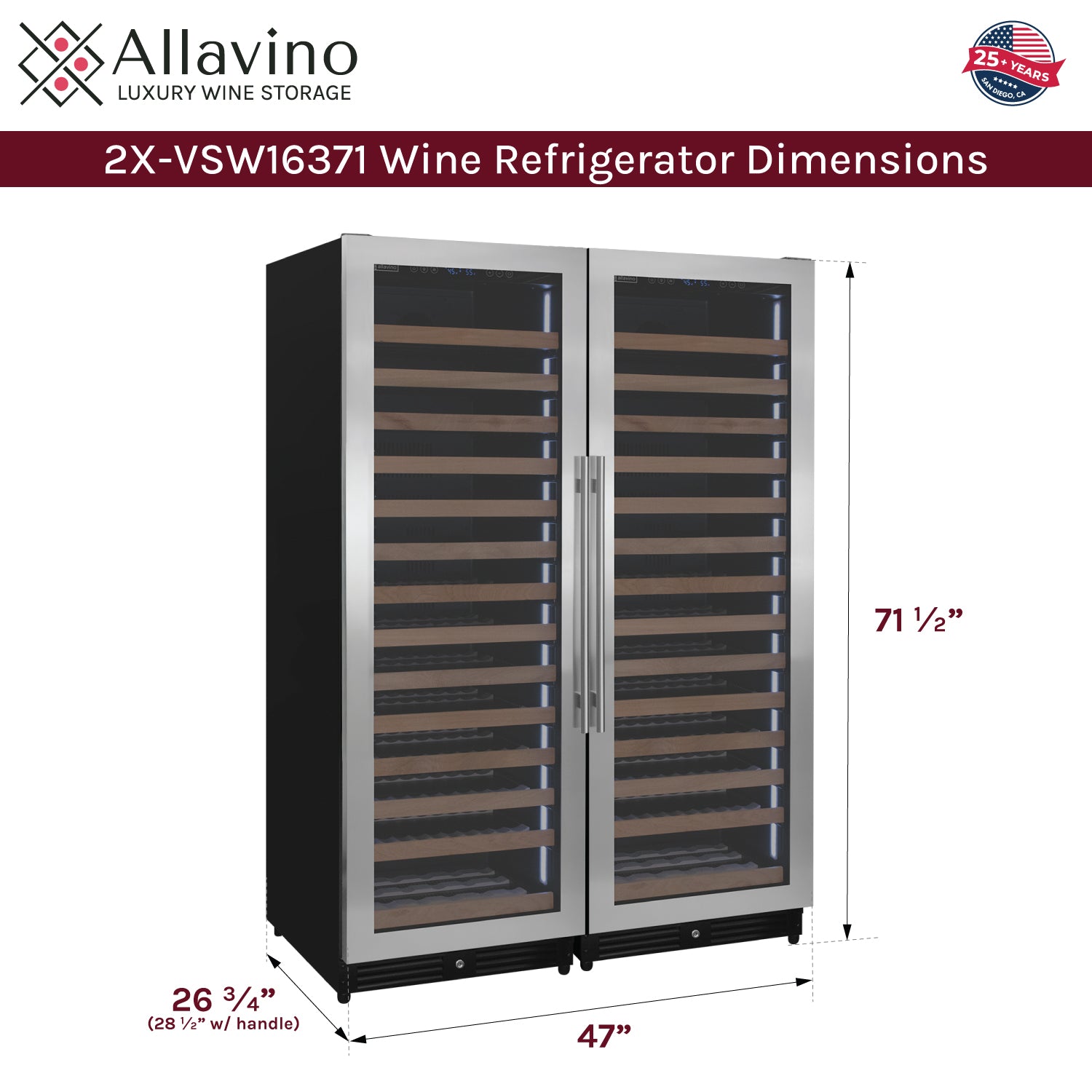 Allavino Reserva Series 326 Bottle 71" Tall Dual Zone Stainless Steel Side-By-Side Wine Refrigerator - View 6 | Fridge.com