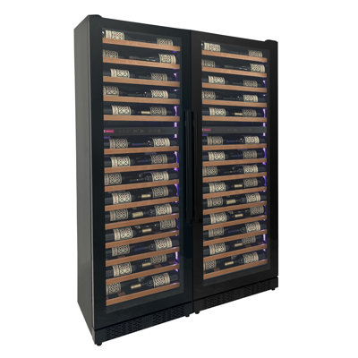 Allavino Reserva Series 134 Bottle 71" Shallow Four Zone Side-by-Side Wine Refrigerators with Black Doors and Wood Front Shelves | Fridge.com