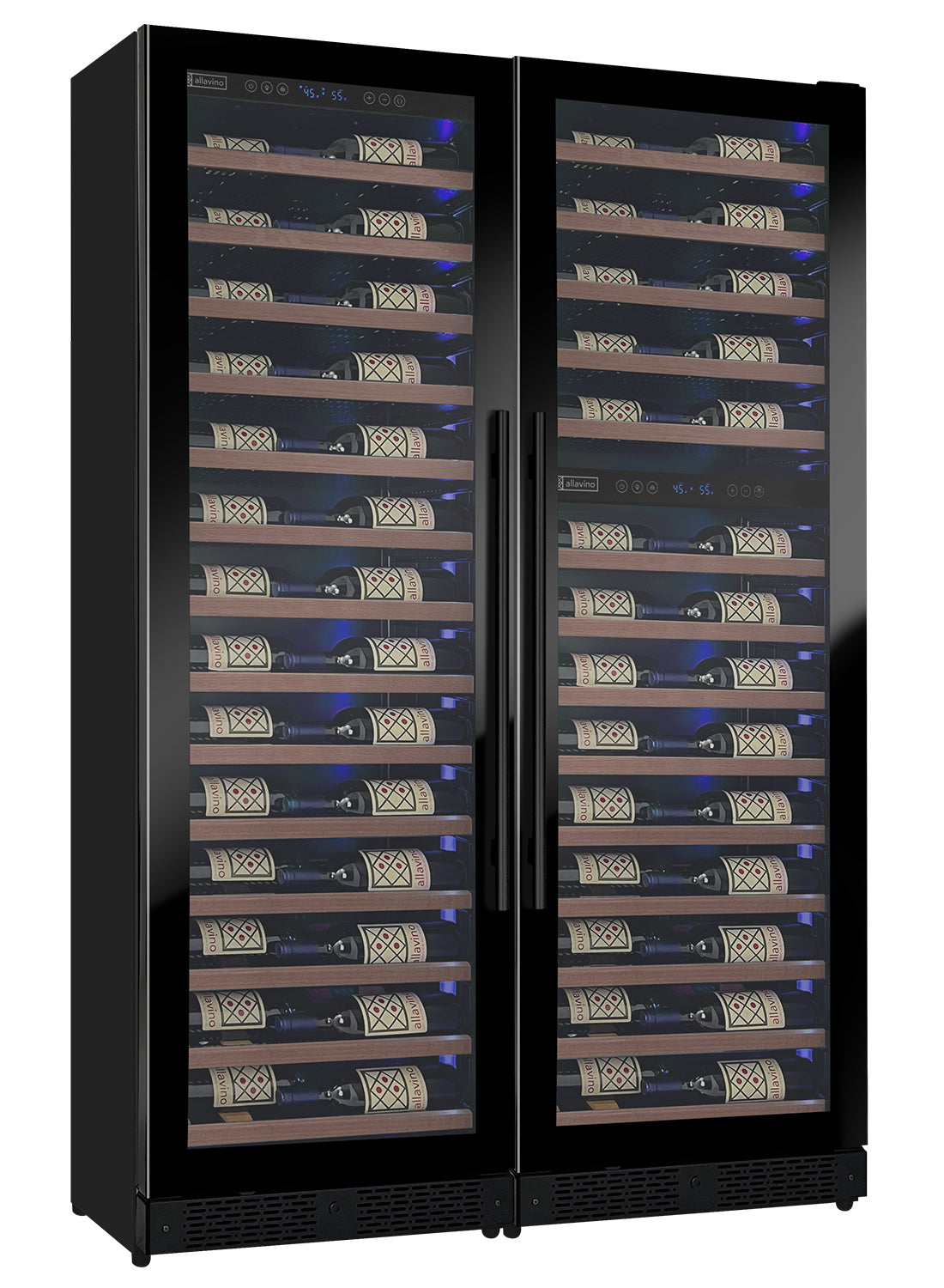 Allavino Reserva Series 134 Bottle 71" Tall Three Zone Black Side-By-Side Shallow Wine Refrigerator With Wood Front Shelves - View 2 | Fridge.com