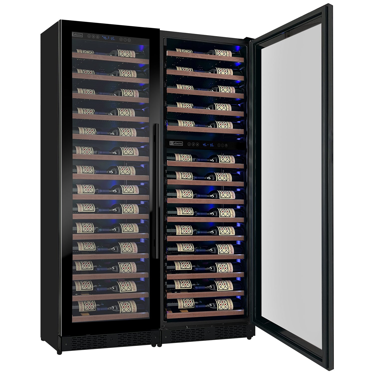 Allavino Reserva Series 134 Bottle 71" Tall Three Zone Black Side-By-Side Shallow Wine Refrigerator With Wood Front Shelves - View 3 | Fridge.com