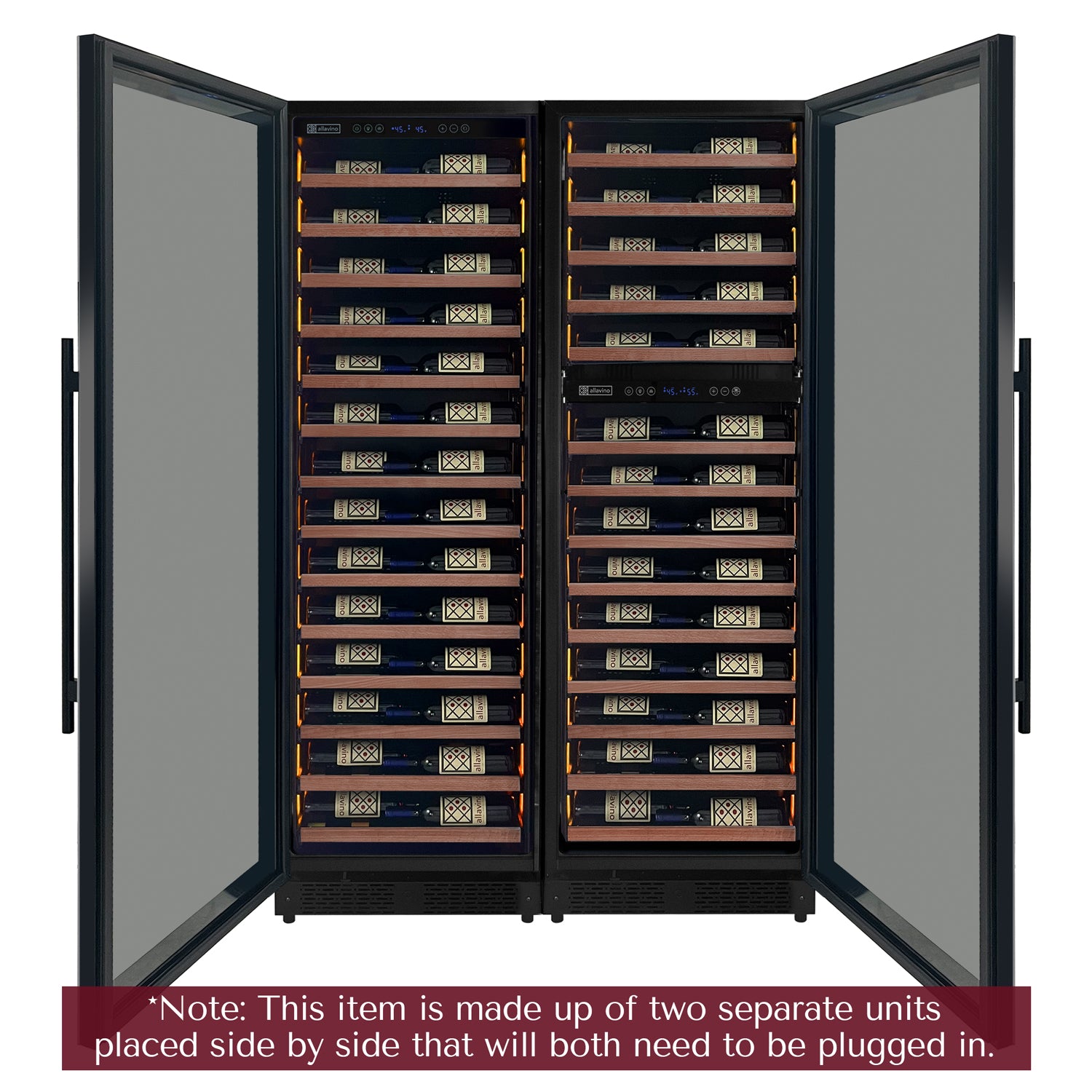 Allavino Reserva Series 134 Bottle 71" Tall Three Zone Black Side-By-Side Shallow Wine Refrigerator With Wood Front Shelves - View 4 | Fridge.com