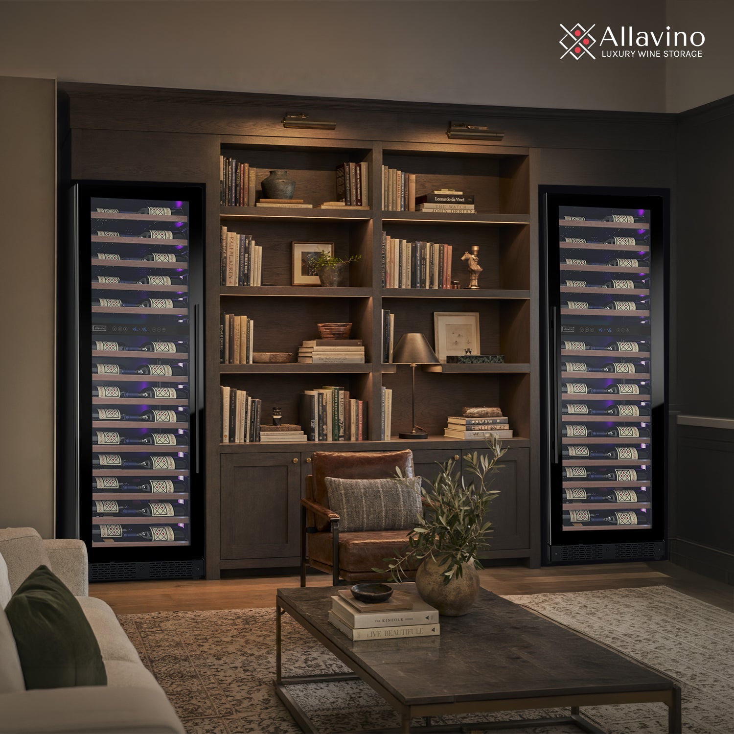 Allavino Reserva Series 134 Bottle 71" Tall Three Zone Black Side-By-Side Shallow Wine Refrigerator With Wood Front Shelves - View 5 | Fridge.com