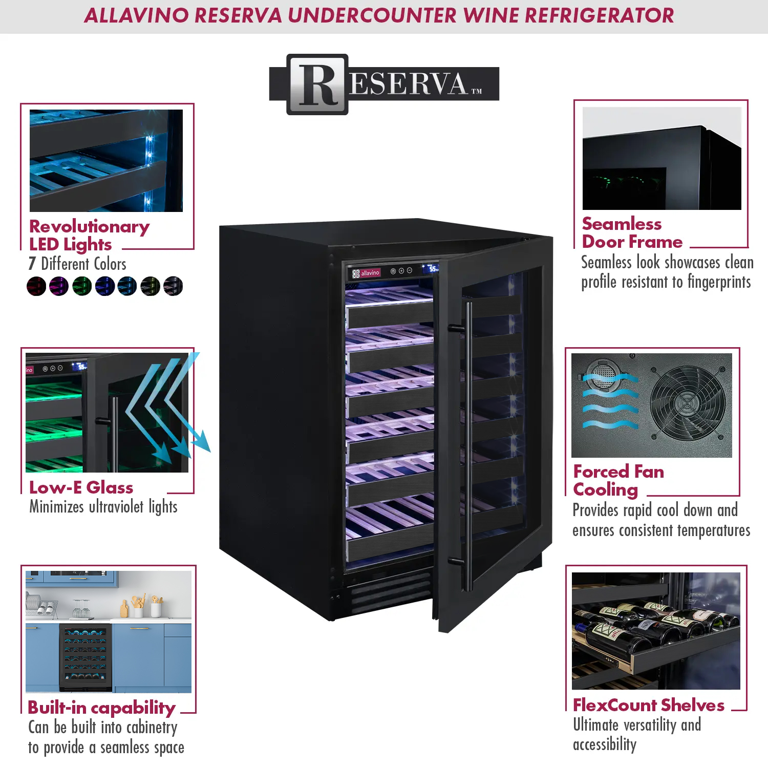 Allavino Reserva Series 50 Bottle Single Zone Built-In Luxury Wine Refrigerator With Black Stainless Steel Door - Right Hinge - View 5 | Fridge.com