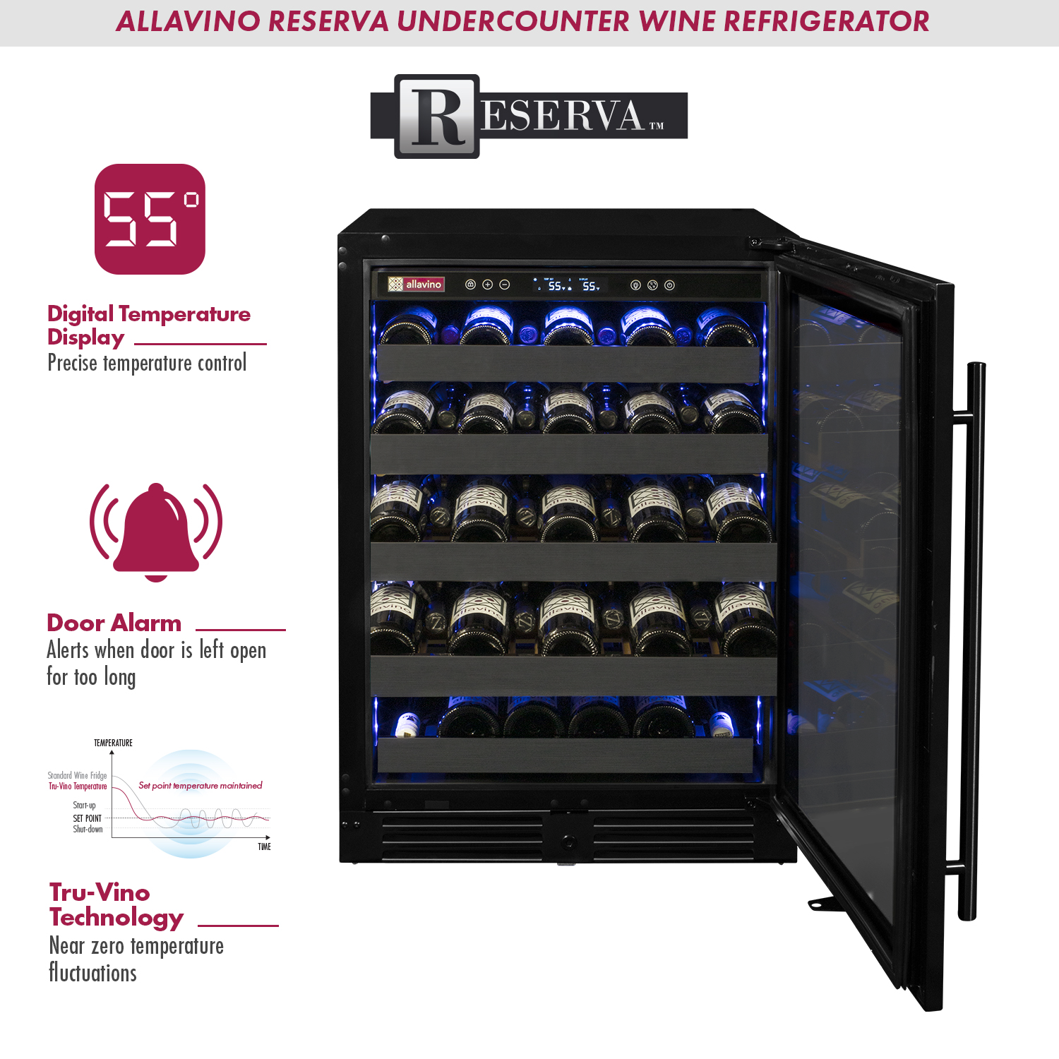 Allavino Reserva Series 50 Bottle Single Zone Built-In Luxury Wine Refrigerator With Black Stainless Steel Door - Right Hinge - View 6 | Fridge.com