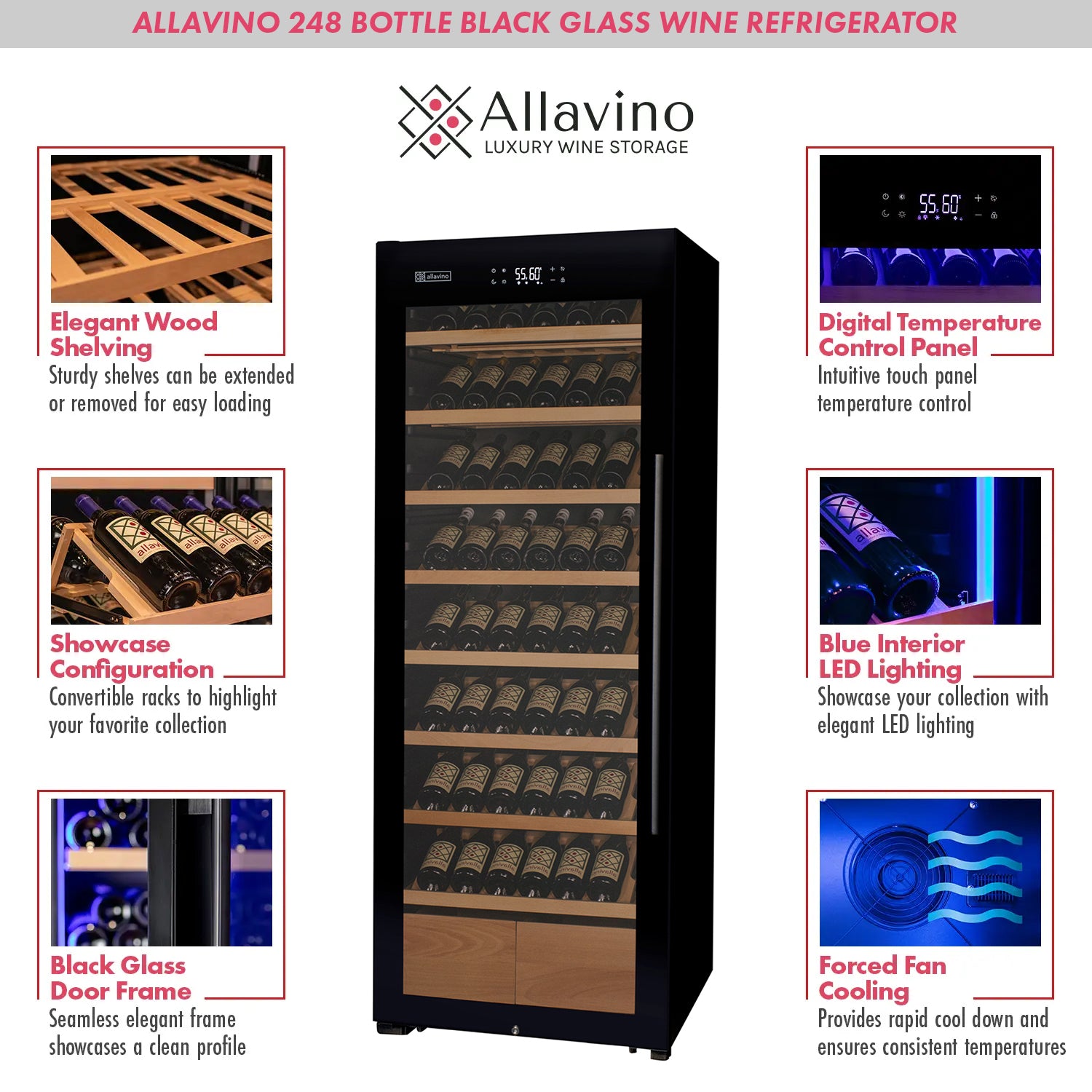 Allavino 248 Bottle Single Zone Freestanding Wine Refrigerator With Display Shelving And Black Glass Door - Left Hinge - View 4 | Fridge.com