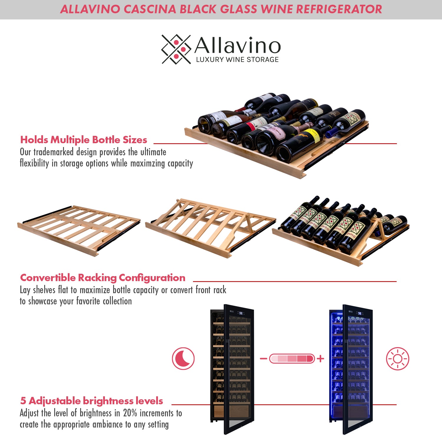 Allavino 248 Bottle Single Zone Freestanding Wine Refrigerator With Display Shelving And Black Glass Door - Left Hinge - View 5 | Fridge.com