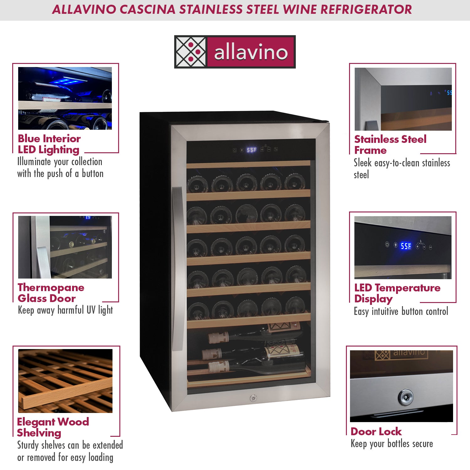 Allavino Cascina Series 33 Bottle Single Zone Freestanding Wine Refrigerator Cooler With Stainless Steel Door - View 3 | Fridge.com