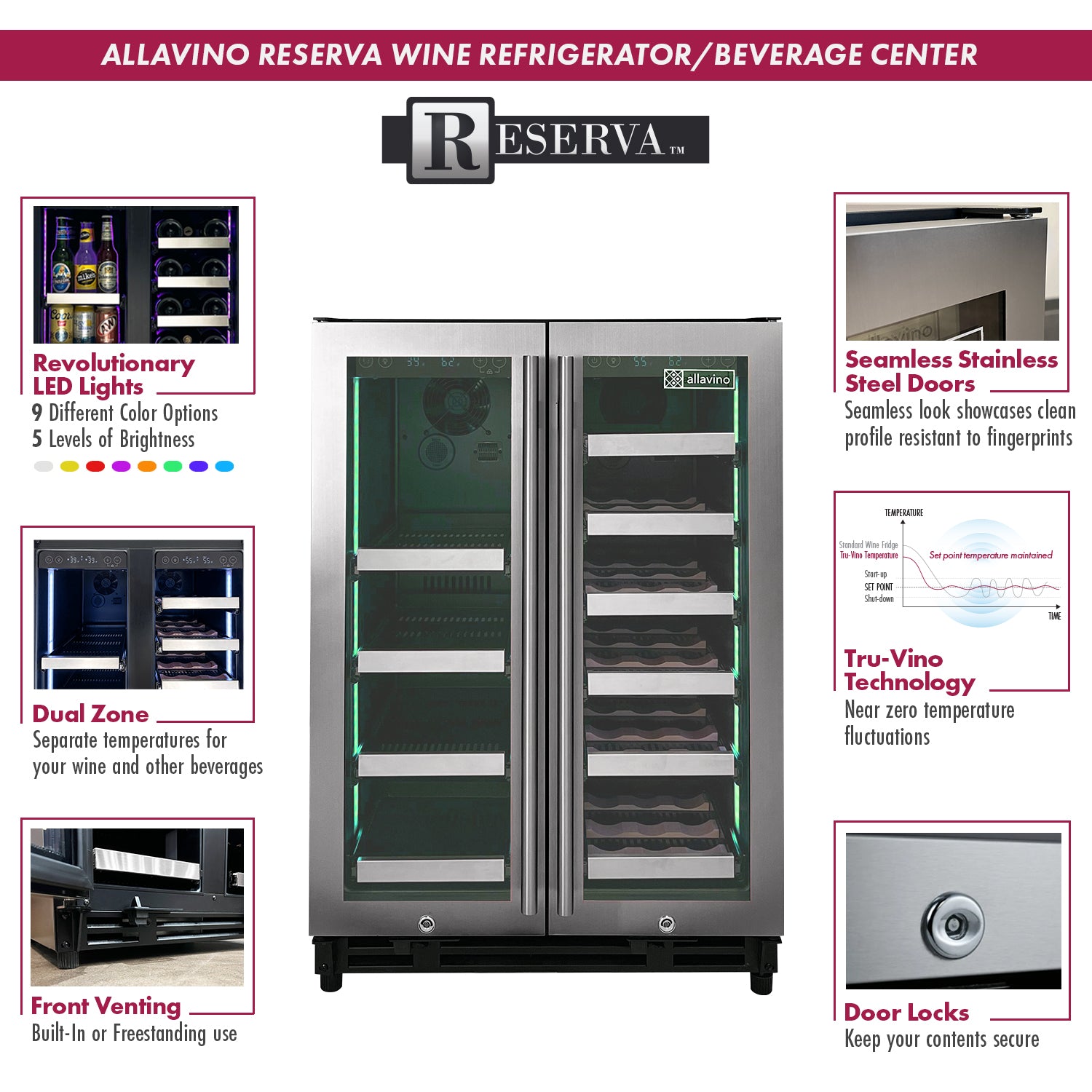 Allavino Reserva Series 24" Wide Two Door Stainless Steel Wine Refrigerator/Beverage Center - View 4 | Fridge.com