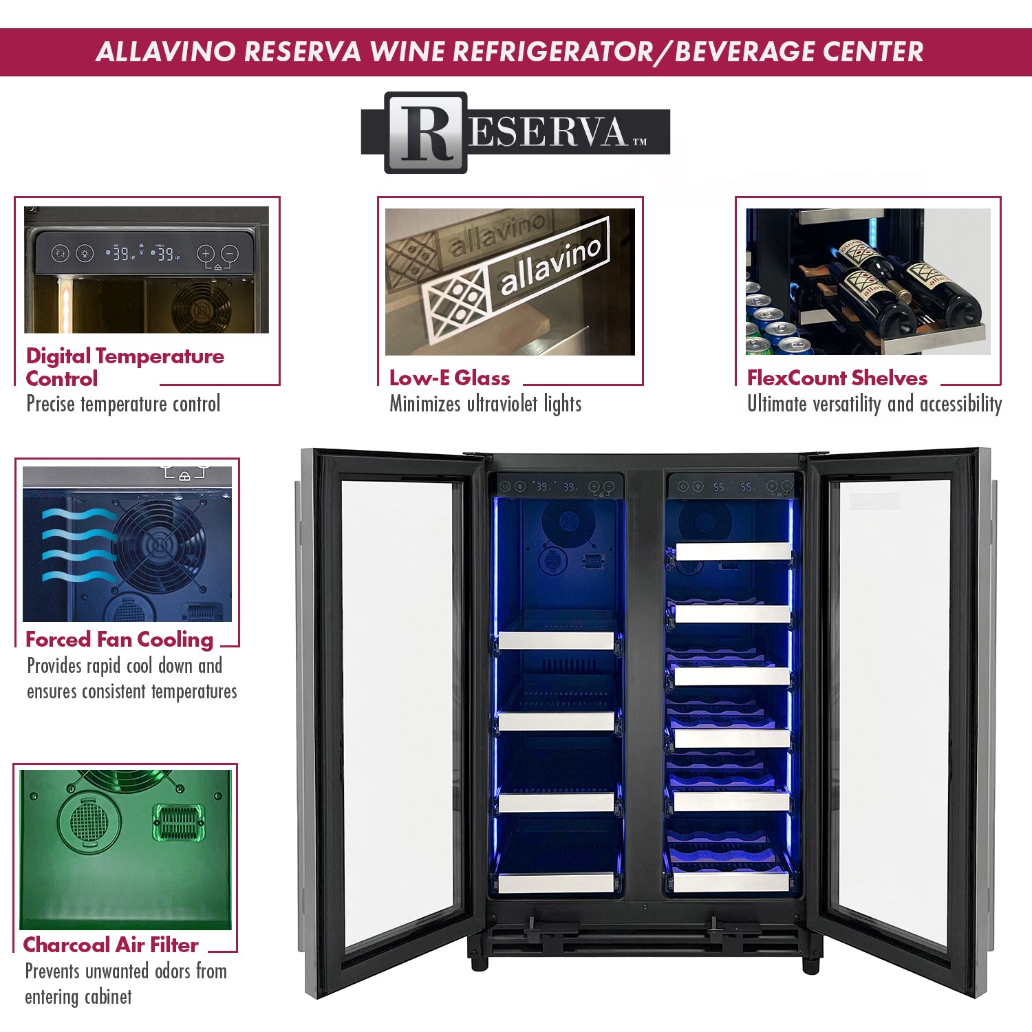 Allavino Reserva Series 24" Wide Two Door Stainless Steel Wine Refrigerator/Beverage Center - View 5 | Fridge.com