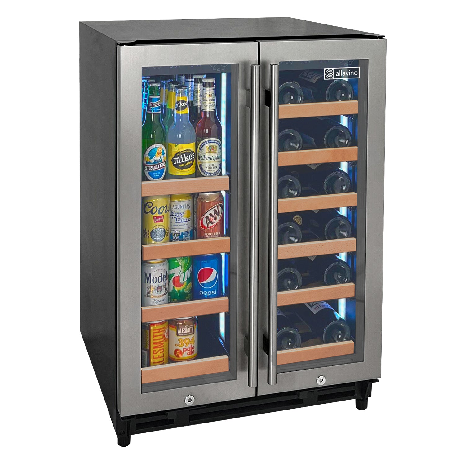 Allavino Reserva Series 24" Wide Two Door Stainless Steel Wine Refrigerator/Beverage Center With Wood Front Shelves - View 2 | Fridge.com
