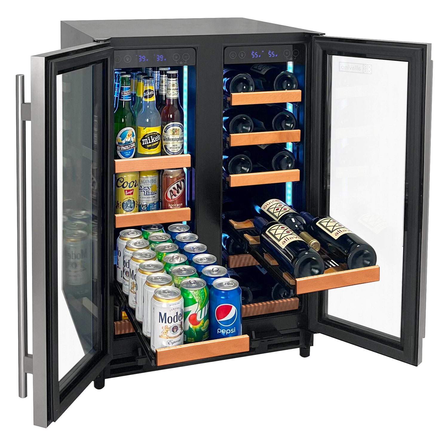 Allavino Reserva Series 24" Wide Two Door Stainless Steel Wine Refrigerator/Beverage Center With Wood Front Shelves - View 3 | Fridge.com